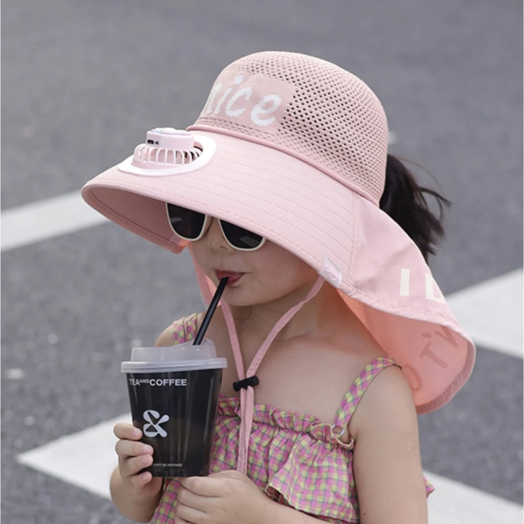 儿童遮阳风扇帽夏天男孩防晒帽nice字母女孩太阳帽户外大檐披肩帽