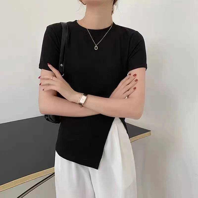 2025年新款独特别致高级感不规则黑色短袖t恤短款上衣女夏季修身