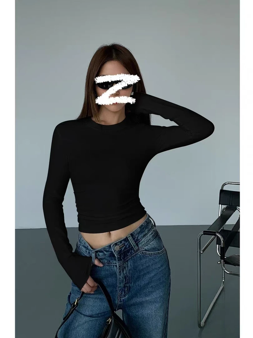 显瘦掐腰正肩t恤女 修身打底衫纯色高级感圆领秋冬季长袖上衣-L