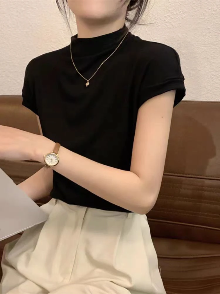 【那木专属】新款半高领t恤修身辣妹短袖别致减龄显瘦时髦女上衣