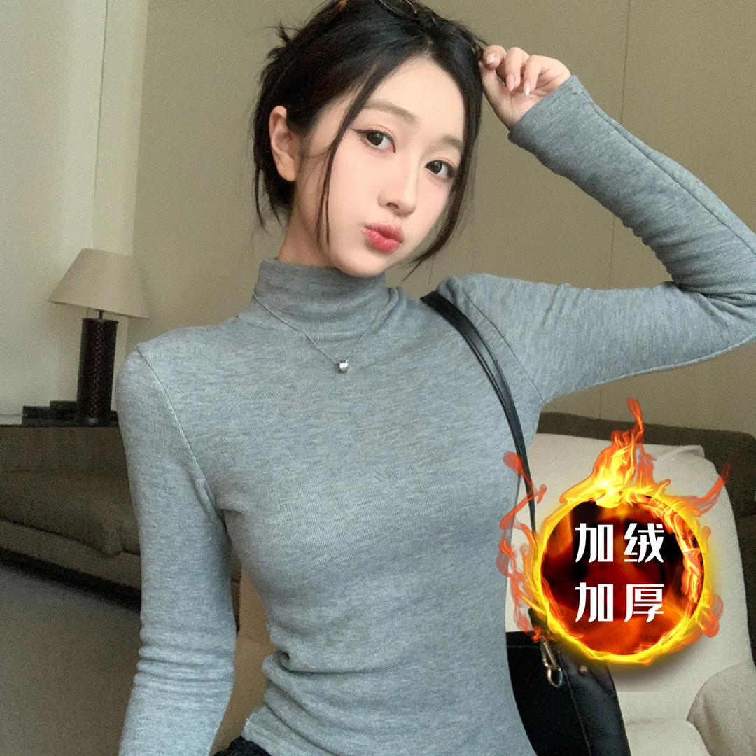 【运补6-8】半高领加绒加厚针织衫女冬季设计感收腰显瘦打底衫上衣