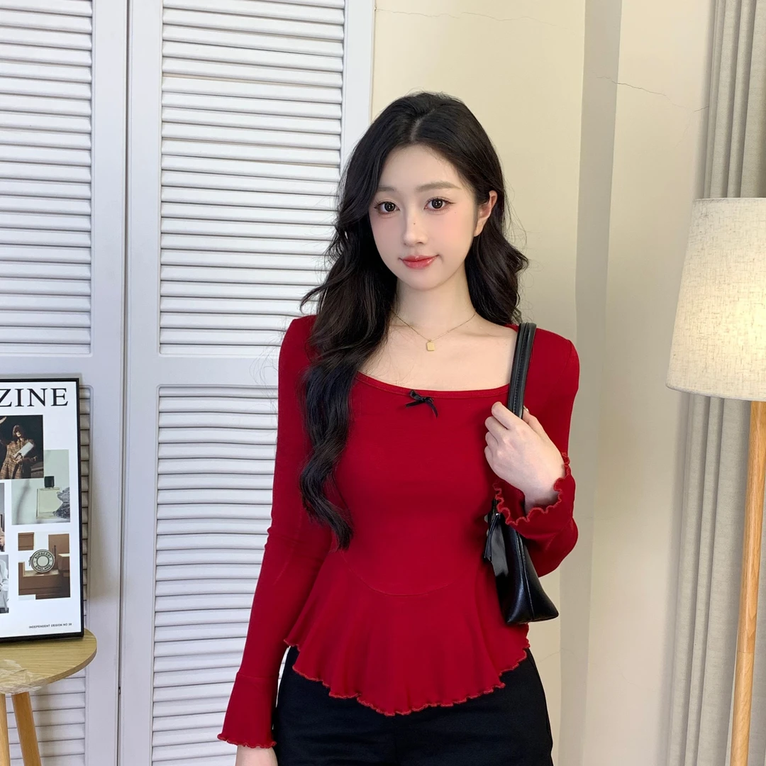 【vivi】胖mm法式蝴蝶结u领女秋季小香风设计感显瘦微胖气质上衣