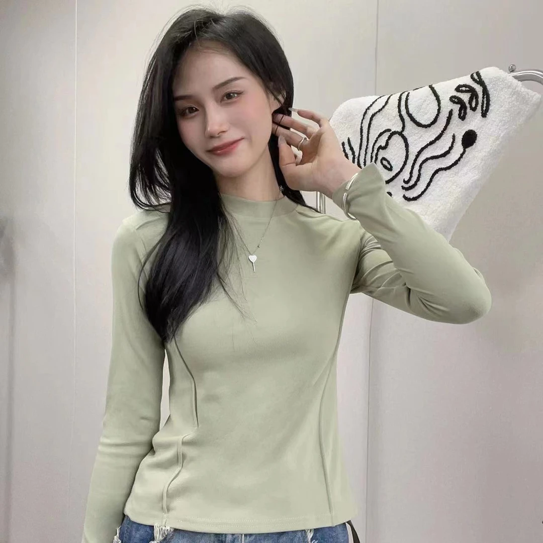 显瘦长袖打底衫女春秋冬内搭短款鱼骨上衣设计感修身洋气磨毛T恤