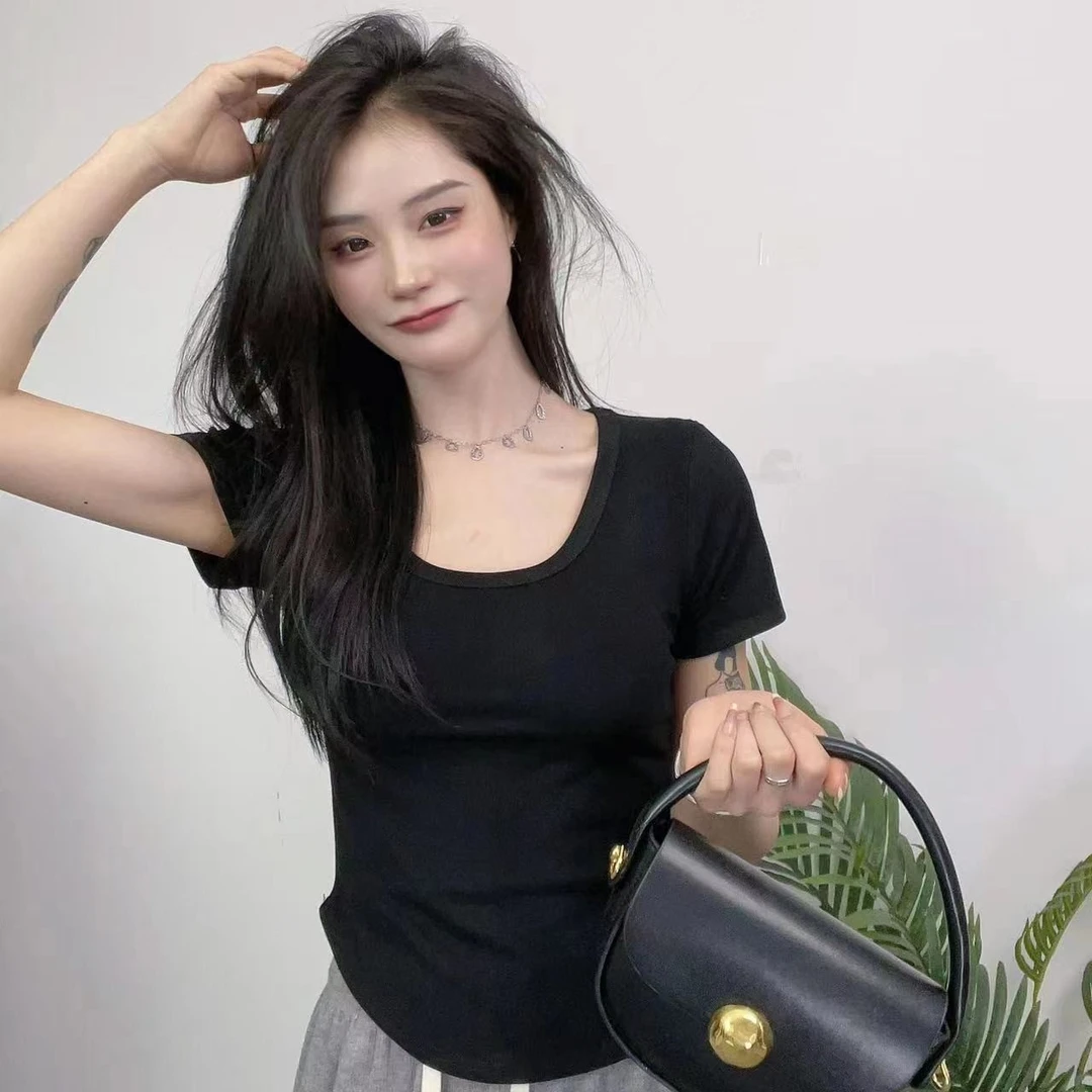 时尚设计感u领短款显瘦短袖正肩t恤女夏装百搭修身不规则上衣纯色