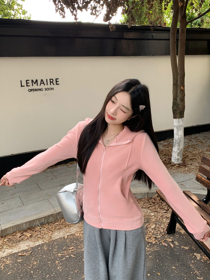 【青仓】加绒加厚摇粒绒卫衣冬季新款修身百搭连帽显瘦外套女6907