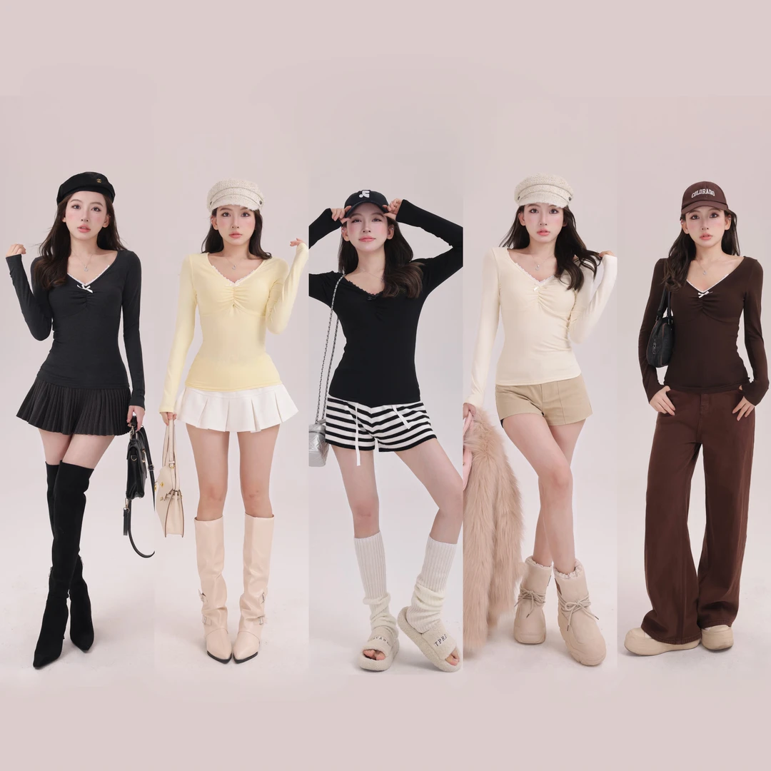 纯欲蝴蝶结v领加绒磨毛秋冬新款百搭打底衫女显瘦长袖