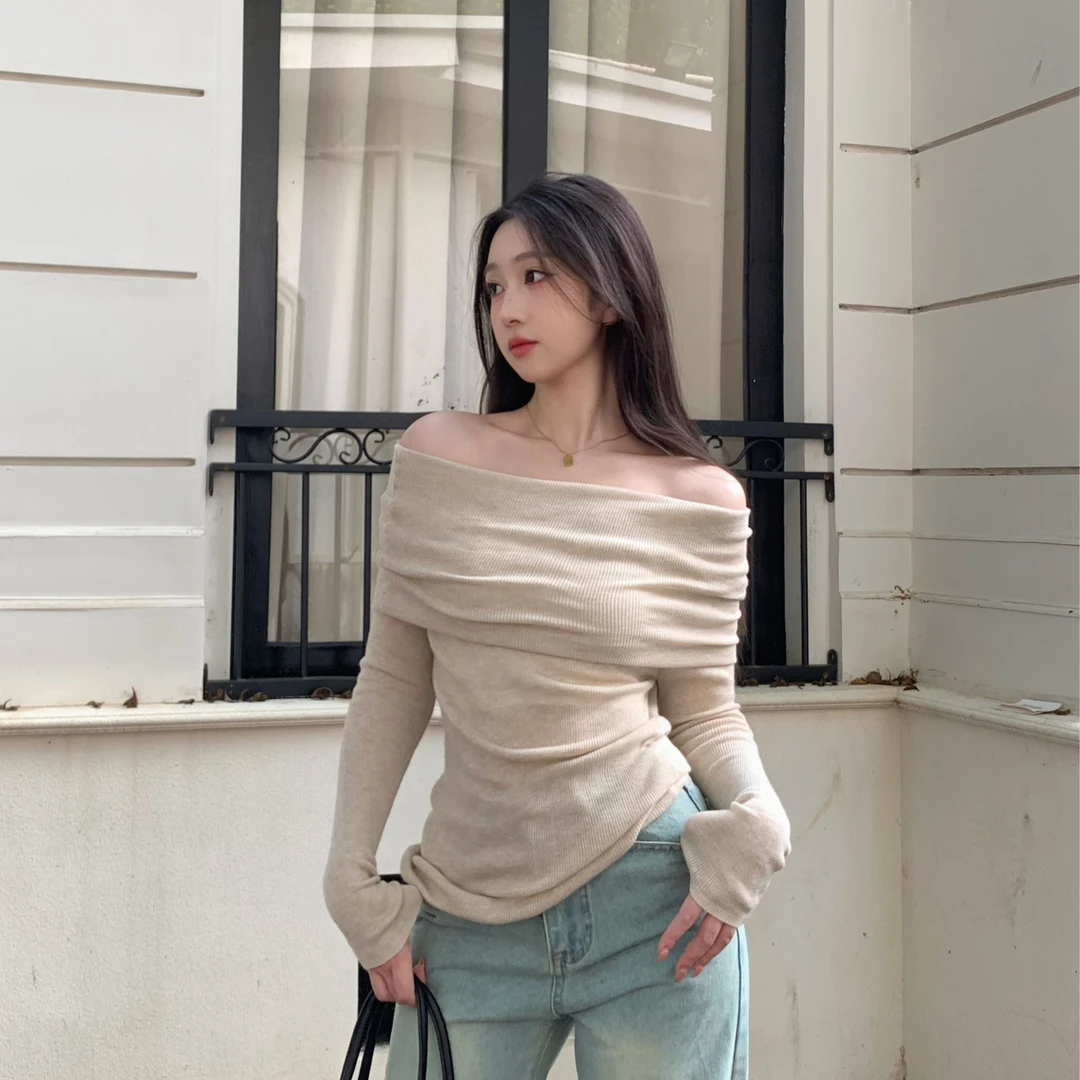 一字肩上衣针织衫女长袖秋季紧身内搭辣妹纯欲设计感修身毛衣