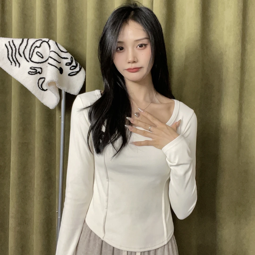百搭正肩长袖t恤女秋装修身显瘦打底衫内搭鱼骨上衣