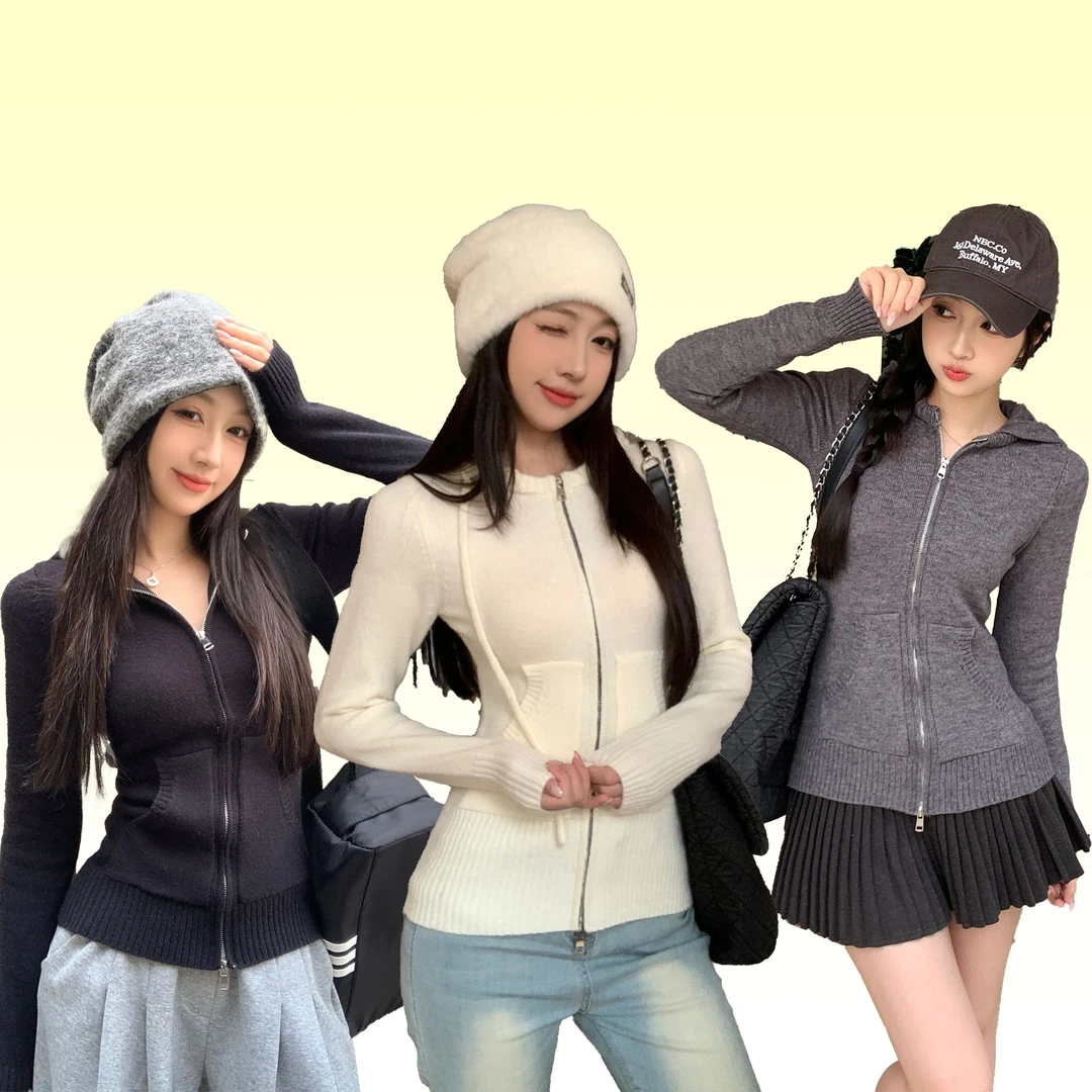 美式复古连帽针织开衫百搭外套女秋冬修身显瘦高级慵懒感上衣