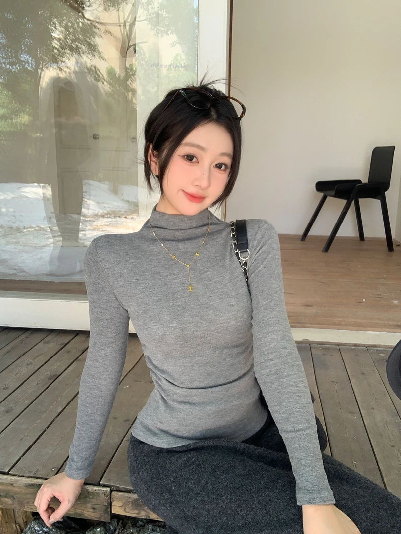 【加绒】正肩半高领抽褶收腰打底衫 修身紧身保暖时尚显瘦百搭长袖