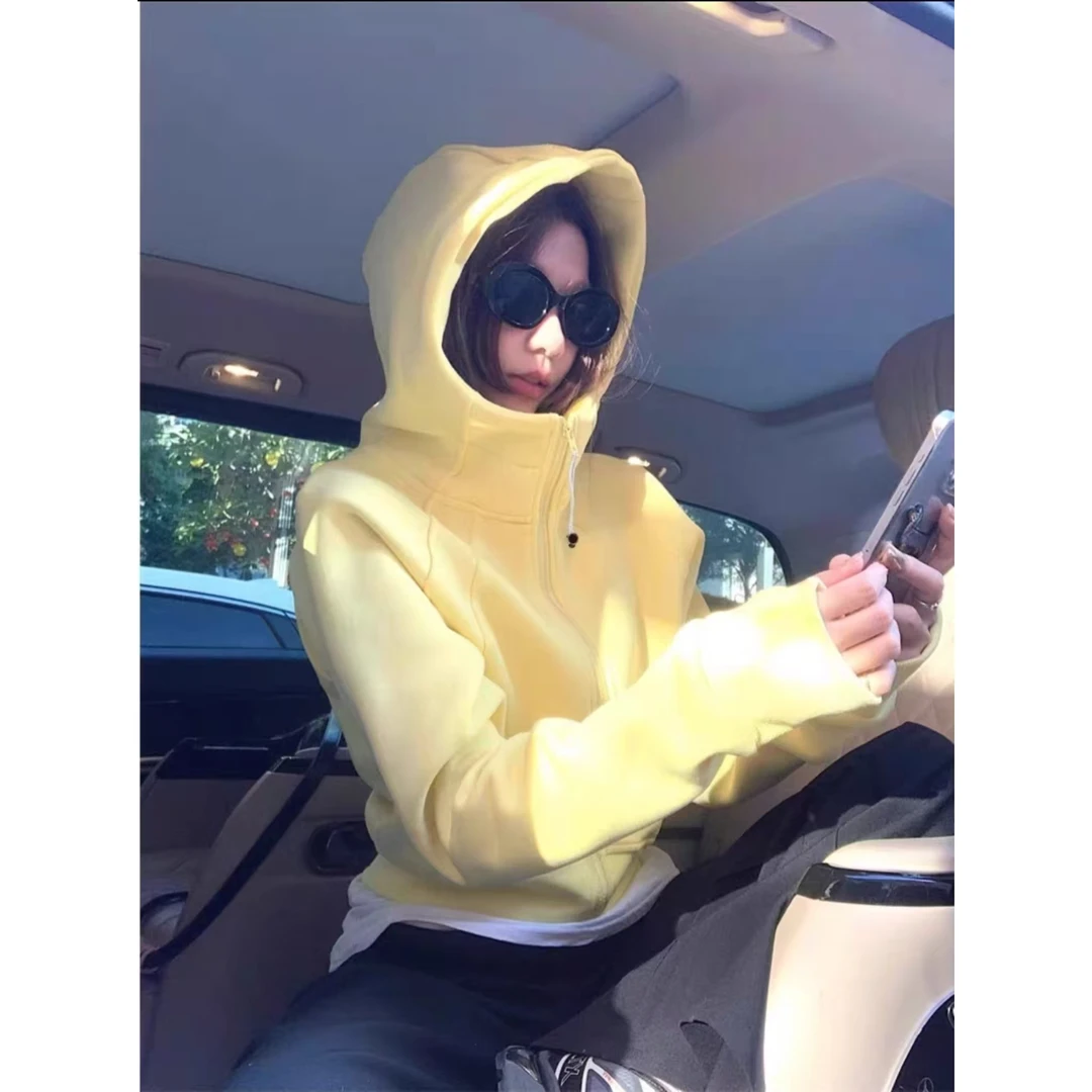 lulu加绒辣妹连帽拉链卫衣 秋冬款修身短款外套女【运补6-8】