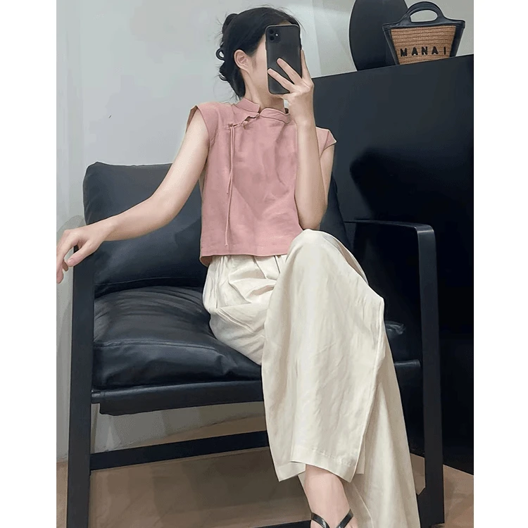 新中式改良旗袍短袖上衣复古国风阔腿裤套装女夏季时尚气质两件套