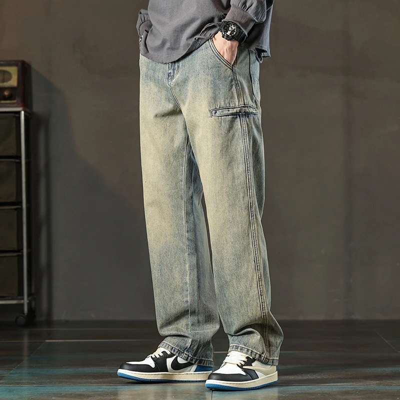 秋冬美式高街黄泥染水洗做旧阔腿裤宽松直筒牛仔裤男