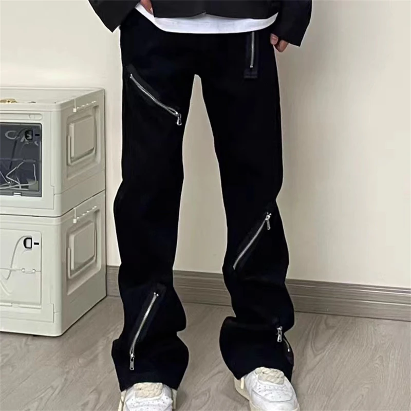 原创暗黑宽松微喇叭黑色牛仔裤多拉链设计感男女裤子