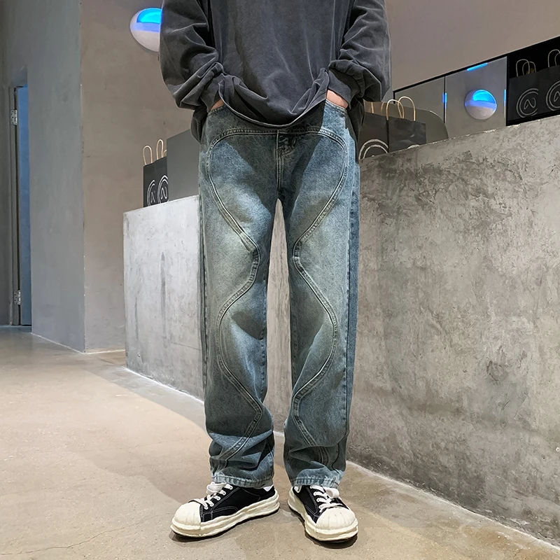 2023欧美高街vibe裤子美式拼接水洗牛仔裤男女春秋季直筒休闲裤