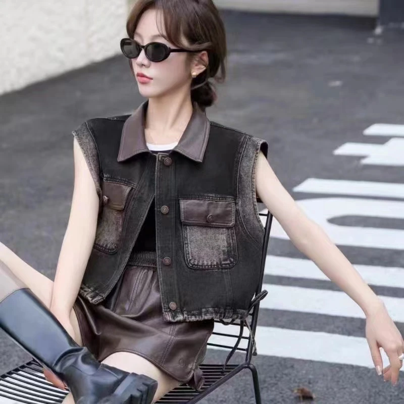 马甲牛仔时尚百搭复古马夹水洗拼接显瘦网红休闲宽松个性无8208