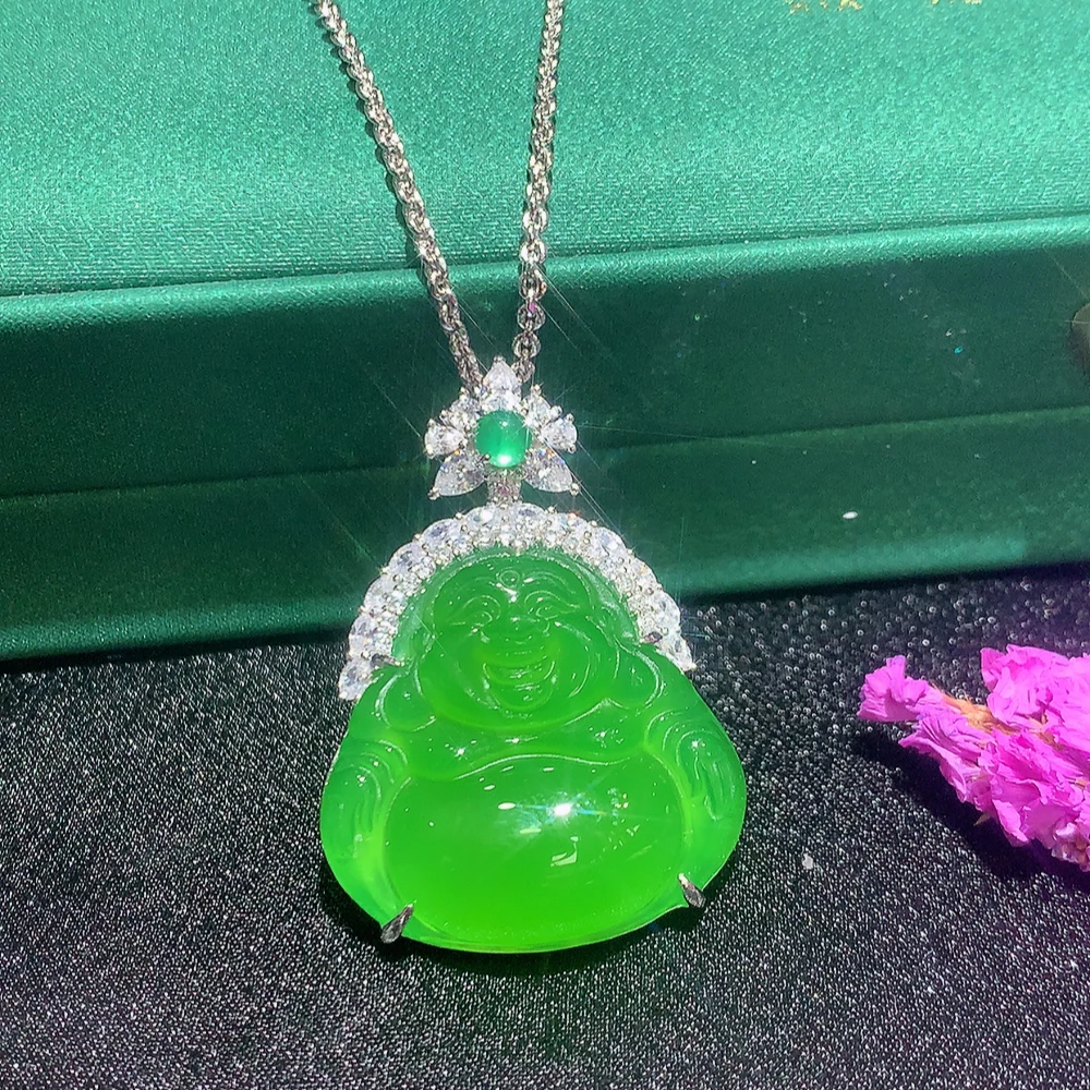 「霞姐珠宝」天然绿玉髓冰笑佛s925银镶嵌吊坠