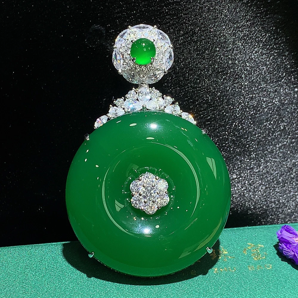 「霞姐珠宝」天然绿玉髓大平安扣s925银镶嵌吊坠