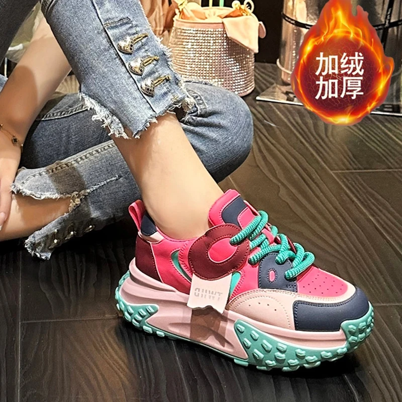 粉色老爹鞋女2024春季新款加绒时尚百搭厚底松糕网红运动休闲鞋子