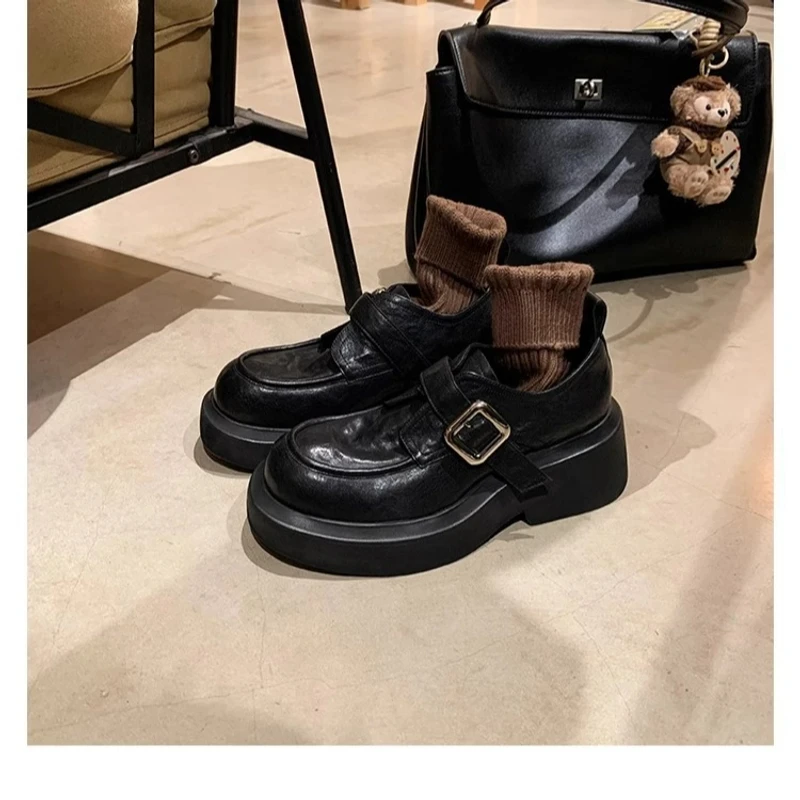 2024新款厚底乐福鞋水洗马皮圆头英伦风一脚蹬内增高小皮鞋女