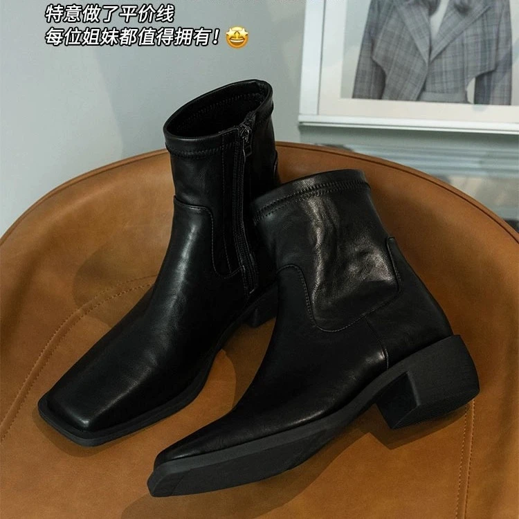 瘦瘦靴软底舒适暴走靴极简通勤百搭方头粗跟切尔西短靴高跟裸靴女