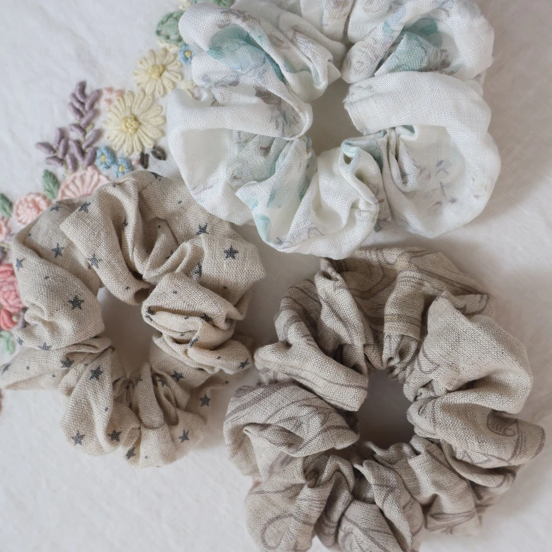 100%亚麻印花大肠发圈束发装饰两用