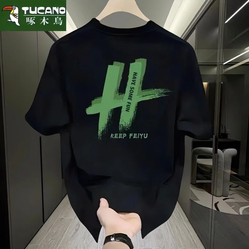 啄木鸟男士纯棉时尚夏季短袖印花圆领透气宽松百搭白色半袖t恤ins