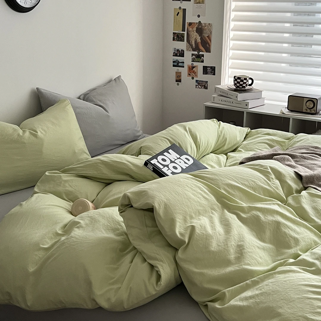 床上用品家庭混搭格子单人四件套学生宿舍撞色三件套纯色床品简约