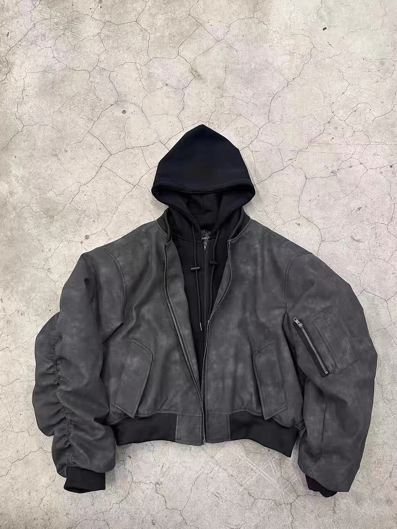 24冬季情侣男女PU连帽重磅双层假俩件飞行服镰刀袖棉服