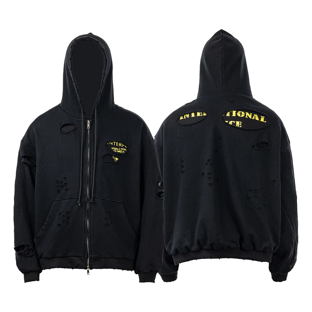 GRAILZ LEARL水洗黑破坏做旧破洞双层拉链卫衣美式帽衫外套503