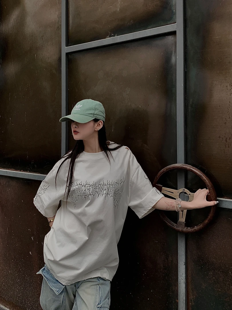 巴黎B字风火焰水洗破洞T恤808616