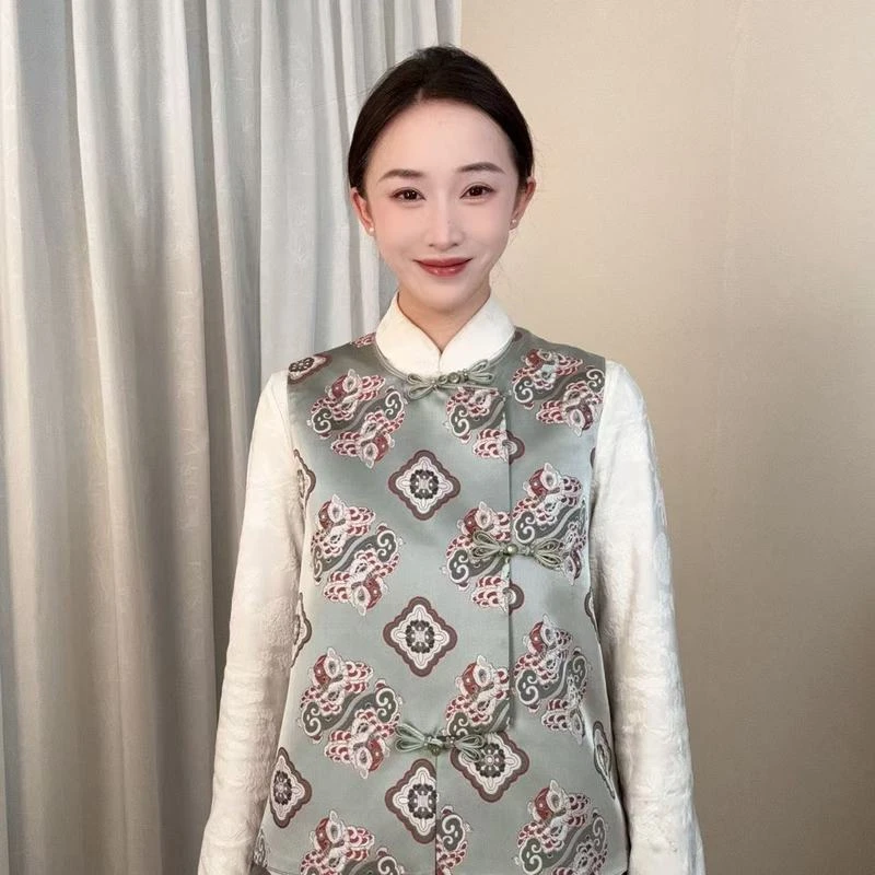 【醒狮如意】2024新款新中式醒狮如意织金宋锦国风马甲JL1