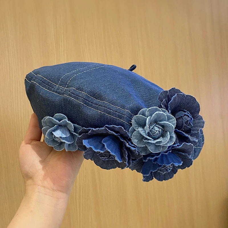 日系小众撞色立体花朵百搭贝雷帽子女潮时髦显脸小蓬松画家帽新款