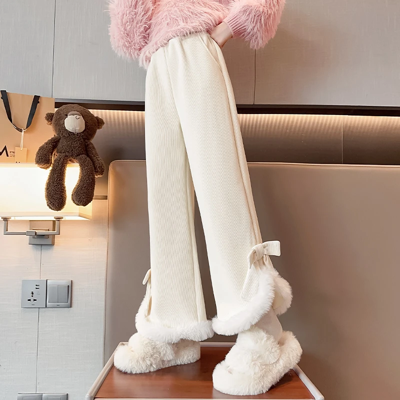 女童加绒阔腿裤秋冬2023新款儿童雪尼尔加厚裤子女孩微喇叭裤洋气