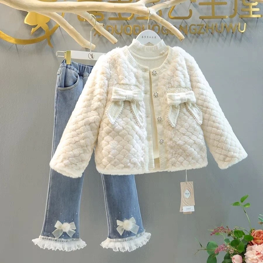 女童加棉冬季套装外套2023新款中大童名媛风加绒牛仔裤两件套