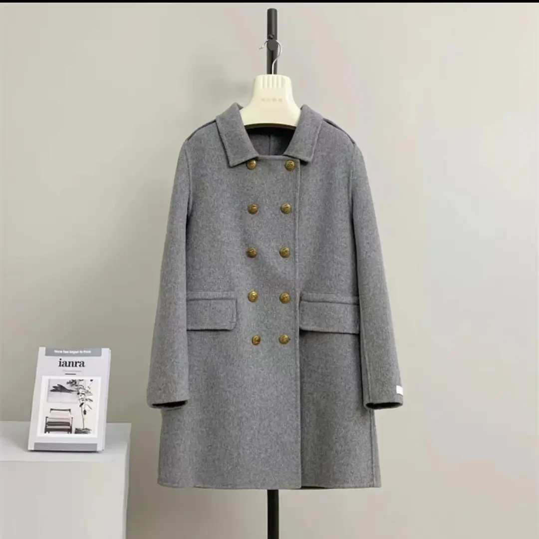 9817婧思涵翻领双排扣英伦风小个子灰色双面呢大衣加厚气质韩版