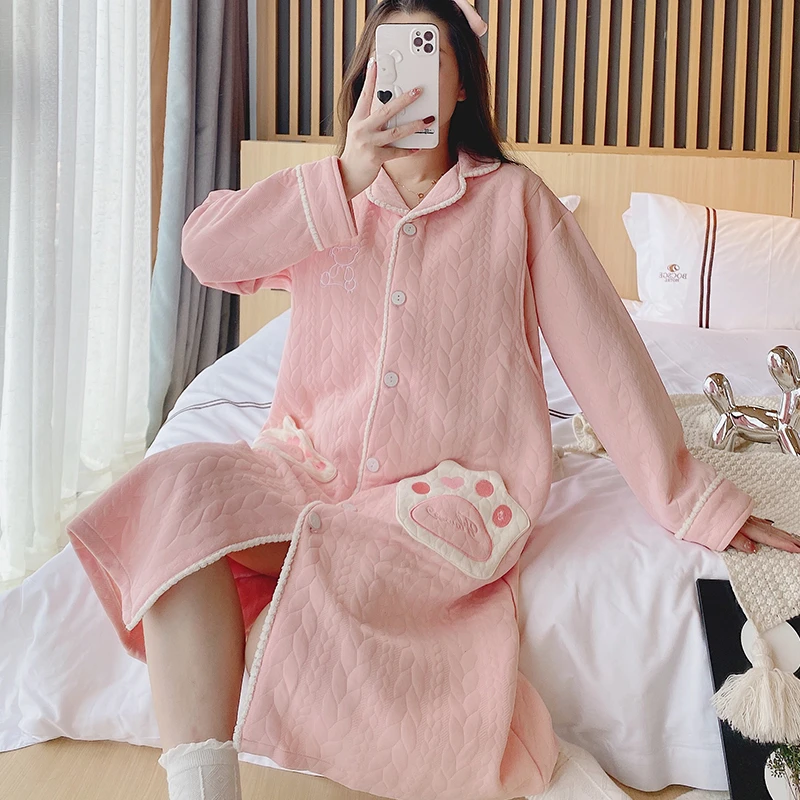 哺乳睡裙长袖秋冬款空气棉月子服孕妇待产裙产妇1-2月份带胸垫
