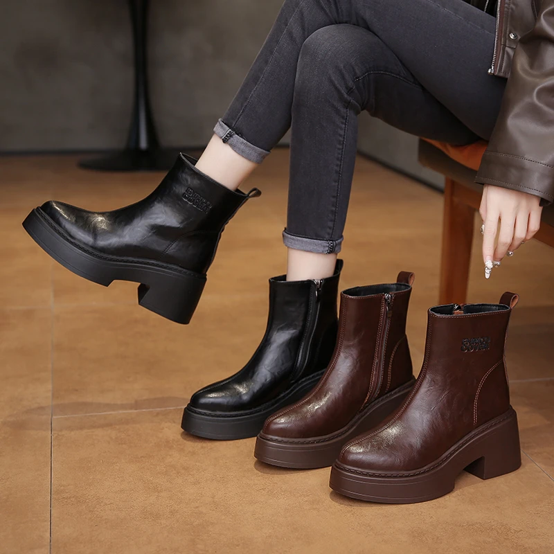 【手工定制】秋冬新款法式粗跟厚底马丁靴女-S