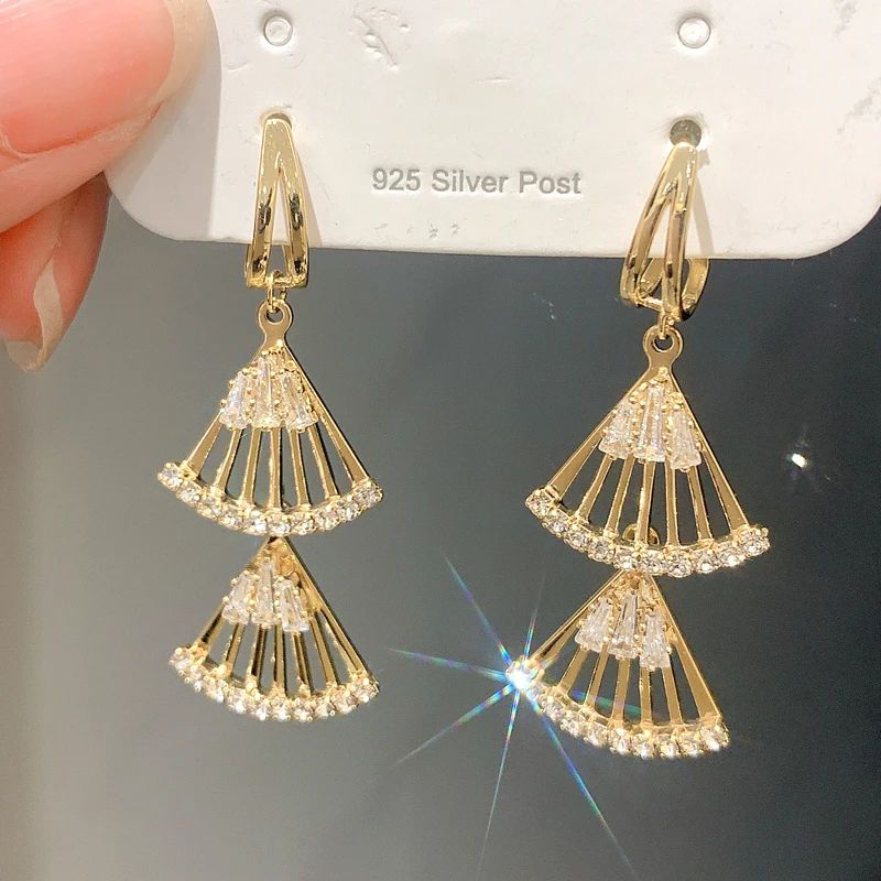 铜合金合成锆石耳饰 镶密钻扇形流苏耳线耳环 2023高级气质感轻奢