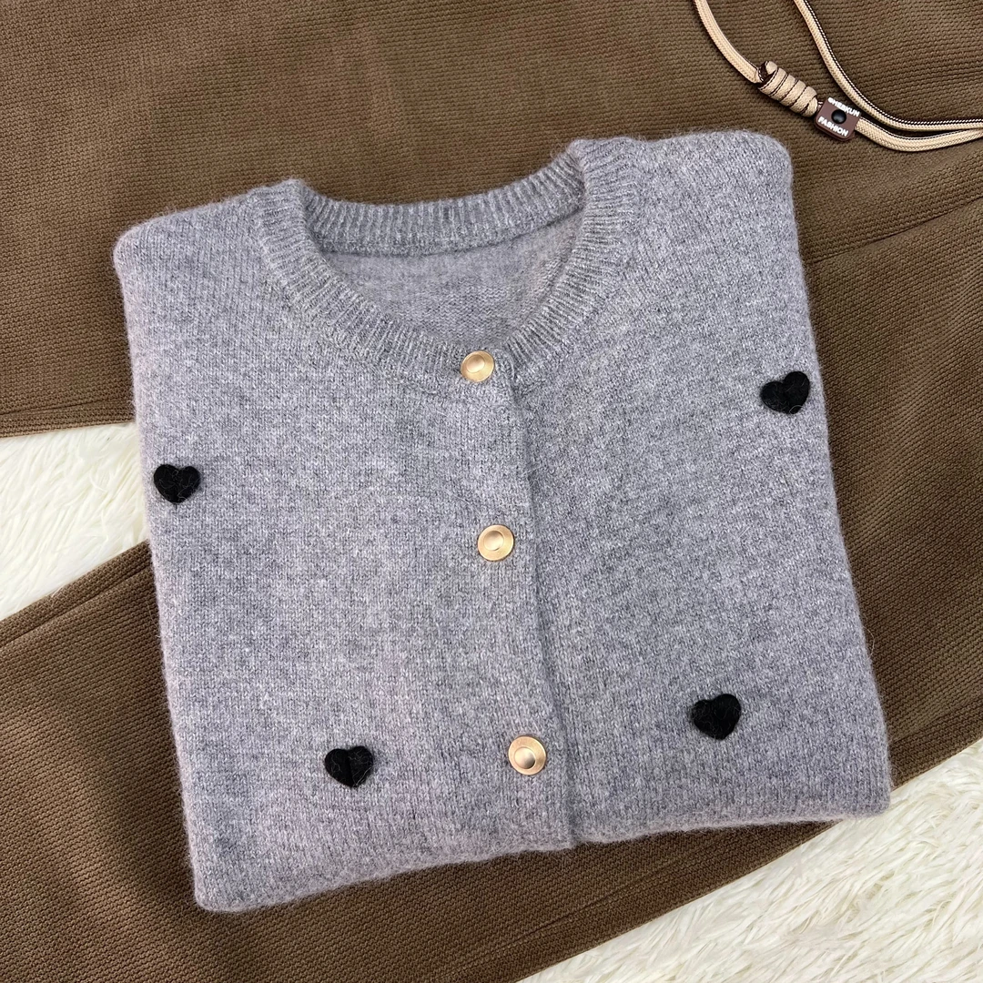 58063爱心花圆领开衫毛衣秋冬季法式甜美漂亮减龄软糯气质针织衫