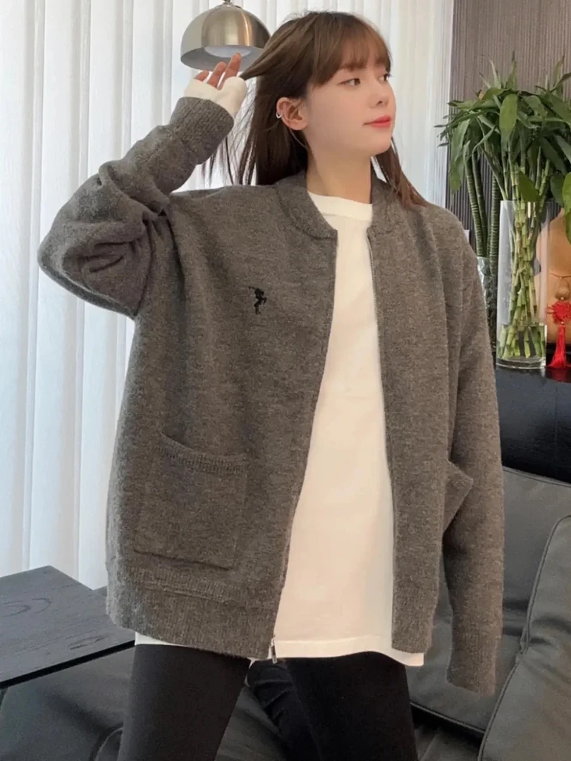 67010厚款纯色拉链刺绣女休闲百搭宽松针织开衫毛衣外套秋冬女装
