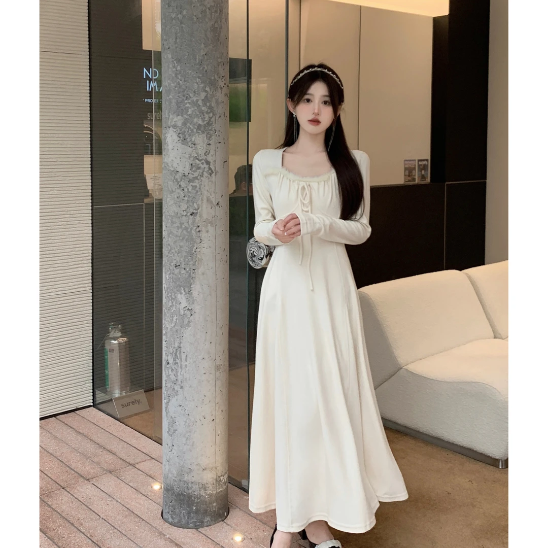 【鱼香】大码微胖春季新款仙气甜美纯色高腰大裙摆打底连衣裙长裙