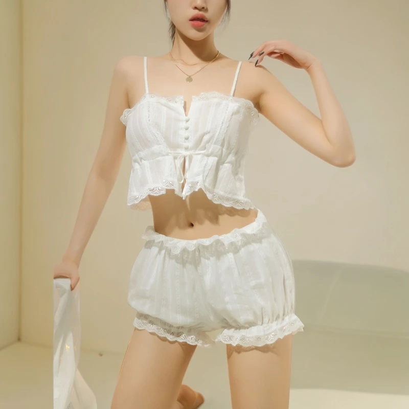 ins风纯棉性感甜美可爱日系少女蕾丝吊带短裤套装睡衣孕妇家居服