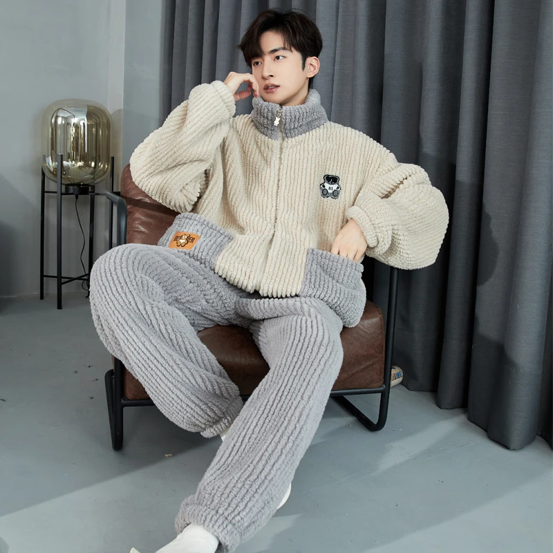 秋冬季男士宽松休闲加绒加厚保暖韩版高领家居服套装