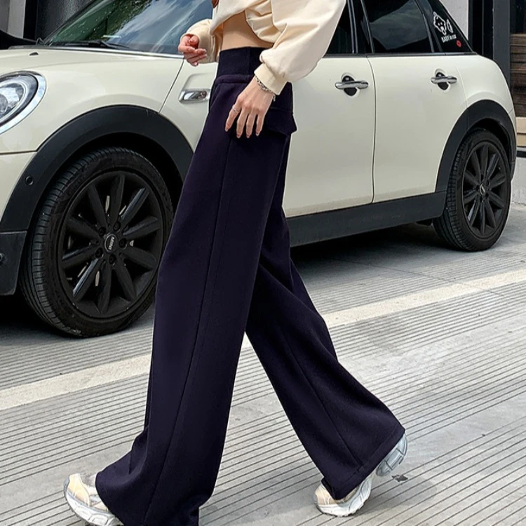 藏蓝色美式运动裤女秋冬2024新款加绒小个子休闲直筒卫裤阔腿裤子