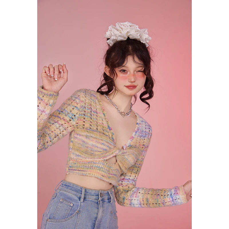 GirlyFancyClub莫奈花园*秋季梦幻色系V领扭结短上衣女镂空针织衫