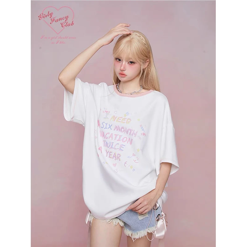 GrilyFancyClub字母印花宽松抽绳遮肚子显瘦上衣女白色短袖t恤夏