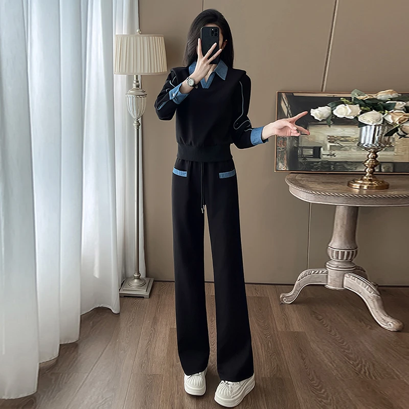 欧货休闲运动套装女秋季2024新款洋气设计感翻领卫衣阔腿裤两件套