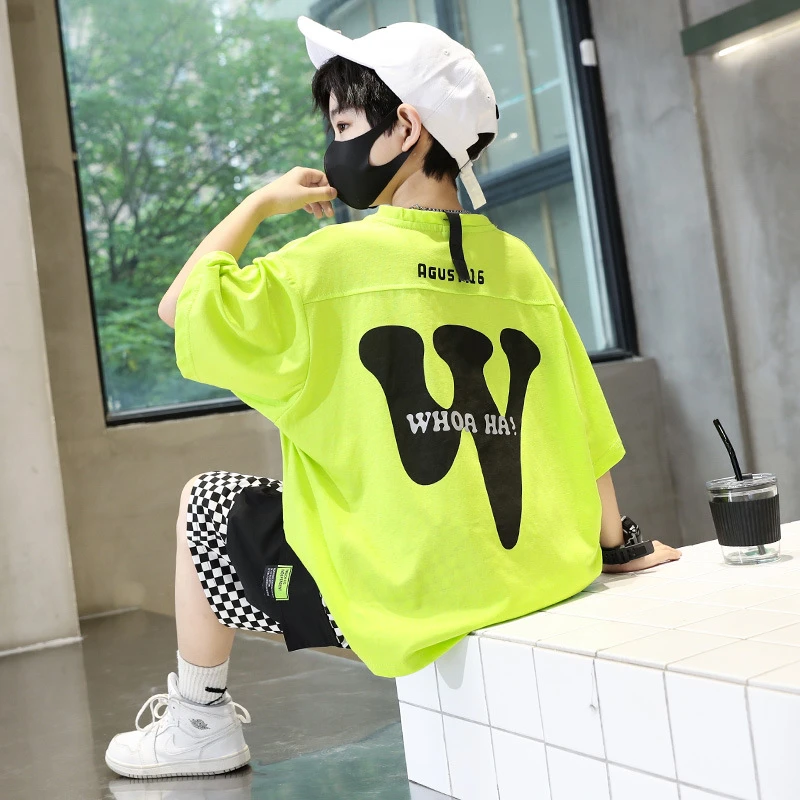 潮童装2023新款字母男童夏装酷帅中大童儿童短袖T恤洋气炸街套装