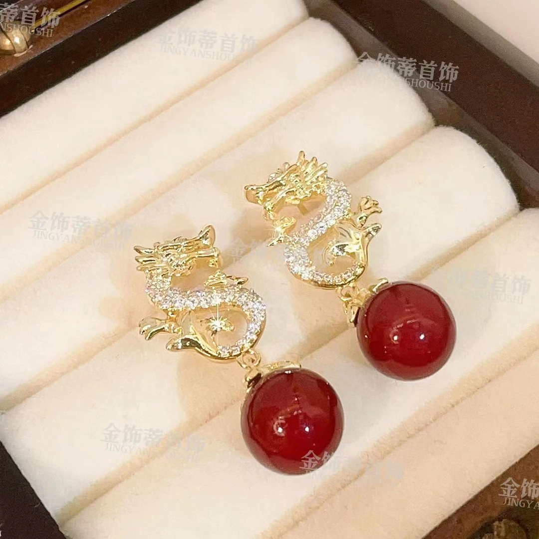 铜合金合成锆石耳饰 龙凤呈祥气质时尚红色简约精致小众耳环J144